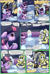 Size: 2160x3168 | Tagged: safe, artist:firefanatic, discord, fluttershy, twilight sparkle, alicorn, pony, comic:friendship management, g4, asgore dreemurr, comic, cup, dialogue, fluffy, high res, messy mane, table, teacup, twilight sparkle (alicorn), undertale, what is hoo-man