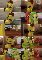 Size: 1699x2382 | Tagged: safe, artist:sky chaser, oc, oc only, oc:buddy, oc:sky chaser, oc:wooden toaster, earth pony, pegasus, pony, 3d, beard, comic, dialogue, facial hair, fangs, glasses, meta, pony adventure, source filmmaker