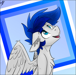 Size: 1953x1944 | Tagged: safe, artist:flamy, oc, oc only, oc:turquoise, pegasus, pony, abstract background, bust, ear piercing, gauges, male, piercing, portrait, wings