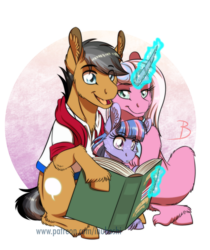 Size: 948x1129 | Tagged: safe, artist:inuhoshi-to-darkpen, clear sky, quibble pants, wind sprint, earth pony, pegasus, pony, unicorn, common ground, g4, book, cheek fluff, chest fluff, clothes, cute, cute sky, ear fluff, family, female, filly, hoof hold, leg fluff, magic, magic aura, male, mare, open mouth, quibblebetes, reading, realistic horse legs, scarf, ship:quibblesky, shipping, shirt, sitting, sprintabetes, stallion, straight, telekinesis, trio, unshorn fetlocks