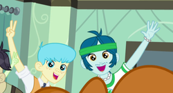 Size: 665x359 | Tagged: safe, screencap, bright idea, captain planet, cranky doodle donkey, equestria girls, g4, my little pony equestria girls: friendship games, background human, male, offscreen character, right there in front of me, smiling