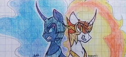 Size: 1280x579 | Tagged: safe, artist:artricabeats, daybreaker, nightmare moon, alicorn, pony, g4, deal, evil, fire, flare, graph paper, league of villainy, moon, night, sun, traditional art