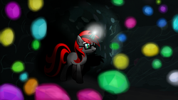 Size: 6400x3600 | Tagged: safe, artist:silver stardust, oc, oc only, pony, unicorn, cave, female, gem cave, glowing gems, glowing horn, horn, light spell, lighting, red and black oc, show accurate, solo, trap