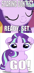 Size: 566x1207 | Tagged: safe, edit, edited screencap, editor:undeadponysoldier, screencap, starlight glimmer, pony, unicorn, g4, adorable face, cropped, cute, eyes closed, female, looking at you, mare, s5 starlight, simple background, smiling, solo, staring contest, talking to viewer, text, white background, wrong aspect ratio