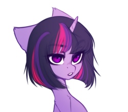Size: 719x629 | Tagged: dead source, safe, artist:shenki, twilight sparkle, pony, unicorn, g4, alternate hairstyle, bobcut, bust, ear fluff, eyebrows, eyebrows visible through hair, female, mare, portrait, short hair, simple background, solo, white background