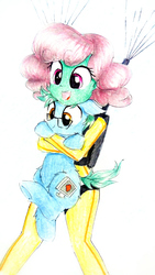 Size: 929x1651 | Tagged: safe, artist:liaaqila, oc, oc:software patch, oc:windcatcher, pony, equestria girls, g4, clothes, colored sketch, commission, equestria girls-ified, glasses, holding a pony, jumpsuit, oc x oc, parachute, shipping, skydiving, traditional art, windpatch