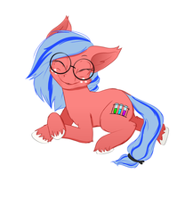 Size: 1500x1800 | Tagged: safe, artist:flickswitch, oc, oc only, oc:flickswitch, pony, blue mane, cute, digital art, female, fluffy, freckles, glasses, happy, lying, mare, red fur, simple background, solo, white background