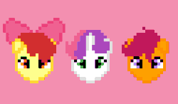 Size: 1200x700 | Tagged: safe, artist:dreamvirusomega, apple bloom, scootaloo, sweetie belle, earth pony, pony, g4, animated, cute, cutie mark crusaders, female, gif, halo, head only, pink background, pixel art, simple background