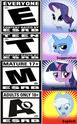 Size: 666x1064 | Tagged: safe, editor:undeadponysoldier, applejack, rarity, trixie, twilight sparkle, earth pony, pony, unicorn, derpibooru, g4, comparison, esrb, female, funny, funny as hell, game rating, mare, meta, meta:explicit, meta:questionable, meta:suggestive, satisfying, spoiler image, spoilered image joke, wrong aspect ratio