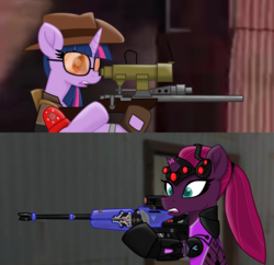 Size: 3158x3054 | Tagged: safe, artist:ejlightning007arts, tempest shadow, twilight sparkle, g4, broken horn, crossover, gun, hat, high res, horn, implied lesbian, implied shipping, implied tempestlight, overwatch, ponytail, rifle, sniper, sniper (tf2), sniper rifle, sunglasses, team fortress 2, twilight sniper, weapon, wide eyes, widowmaker, widowtempest