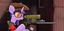 Size: 3158x1527 | Tagged: safe, artist:ejlightning007arts, twilight sparkle, pony, g4, female, gun, hat, open mouth, sniper, sniper (tf2), solo, sunglasses, team fortress 2, twilight sniper, weapon