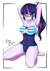 Size: 1600x2254 | Tagged: safe, artist:noboru, sci-twi, twilight sparkle, equestria girls, equestria girls series, g4, adorasexy, armpits, barefoot, breasts, busty sci-twi, clothes, cute, feet, female, one-piece swimsuit, patreon, ponytail, sexy, signature, sitting, solo, sunglasses, swimsuit, thighs, twiabetes