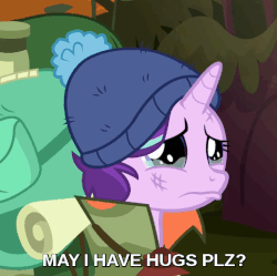 Size: 472x471 | Tagged: safe, edit, edited screencap, editor:twilyisbestpone, screencap, starlight glimmer, pony, unicorn, g4, season 8, the mean 6, animated, bronybait, camping outfit, caption, cropped, crying, cute, eye shimmer, female, gif, glimmerbetes, hug request, loop, mare, sad, sadorable, solo, teary eyes, text, wavy mouth