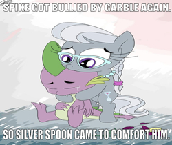 Size: 668x562 | Tagged: safe, artist:loreto-arts, edit, editor:undeadponysoldier, silver spoon, spike, dragon, earth pony, pony, g4, bullied, comforting, crying, cute, daaaaaaaaaaaw, emotional, female, filly, glasses, hug, implied garble, jewelry, male, necklace, pearl necklace, poor spike, ship:silverspike, shipping, spikelove, straight