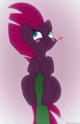 Size: 388x600 | Tagged: safe, artist:n0nnny, tempest shadow, oc, oc:anon, human, pony, unicorn, g4, my little pony: the movie, bellyrubs, blushing, broken horn, cute, female, hand, horn, mare, tsundere, tsundere shadow