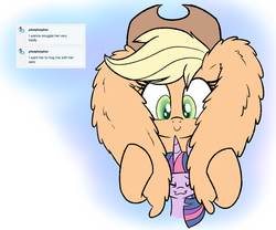 Size: 1280x1067 | Tagged: safe, artist:heir-of-rick, applejack, twilight sparkle, earth pony, pony, daily apple pony, g4, :3, abstract background, ask, ear fluff, eyes closed, female, impossibly large ears, lesbian, mare, mega applejack, ship:twijack, size difference, smiling, snuggling, tumblr