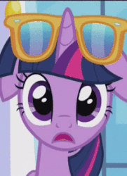 Size: 209x289 | Tagged: safe, screencap, twilight sparkle, alicorn, pony, amending fences, g4, season 5, adorkable, animated, cropped, cute, dork, eye shimmer, female, floppy ears, looking at you, mare, open mouth, shocked, solo focus, sunglasses, twilight sparkle (alicorn)