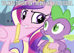 Size: 670x478 | Tagged: safe, edit, edited screencap, editor:undeadponysoldier, screencap, princess cadance, spike, alicorn, dragon, pony, equestria games (episode), g4, aunt cadance, confused, female, hoof around neck, implied twilight sparkle, infidelity, interspecies, looking at each other, male, mare, op has a point, ship:spikedance, shipping, slender, smiling, straight, text, thin