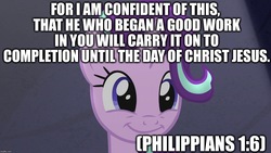 Size: 1280x720 | Tagged: safe, edit, edited screencap, screencap, starlight glimmer, pony, unicorn, g4, no second prances, bible, bible verse, caption, christianity, cute, female, glimmerbetes, image macro, jesus christ, mare, motivational, philippians, religion, smiling, smiling at you, text