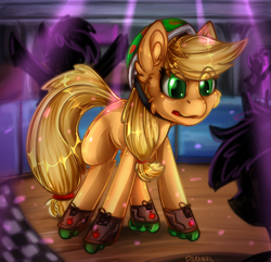 Size: 882x849 | Tagged: safe, artist:deraniel, applejack, earth pony, pony, g4, background pony, cute, helmet, jackabetes, nervous, roller rink, roller skates, signature, silhouette, solo focus