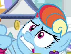 Size: 428x328 | Tagged: safe, screencap, rainbow dash, zephyr breeze, pegasus, pony, g4, season 9, sparkle's seven, animated, bleh, close-up, cropped, disgusted, ear piercing, earring, female, gif, jewelry, mare, megaradash, offscreen character, piercing, rainbow dash is best facemaker, reaction image
