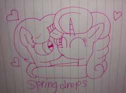 Size: 3888x2872 | Tagged: safe, artist:徐詩珮, glitter drops, spring rain, pony, unicorn, g4, my little pony: the movie, eyes closed, female, heart, high res, kissing, lesbian, lineart, lined paper, mare, ship:springdrops, shipping, traditional art