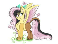 Size: 1024x768 | Tagged: safe, artist:emz2015, oc, oc only, oc:sweet disarray, butterfly, draconequus, hybrid, draconequus oc, explicit source, female, glowing horn, horn, interspecies offspring, offspring, parent:discord, parent:fluttershy, parents:discoshy, simple background, smiling, solo, spread wings, transparent background, wings