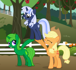 Size: 3053x2804 | Tagged: safe, artist:limedreaming, applejack, oc, oc:lime dream, oc:silverlay, earth pony, original species, pony, umbra pony, unicorn, g4, farmpony, fence, freckles, happy, hat, high res, lifting, looking at each other, sweet apple acres, tree, vector