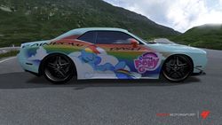 Size: 900x506 | Tagged: safe, rainbow dash, pony, g4, car, dodge (car), dodge challenger, grass, logo, my little pony logo, road