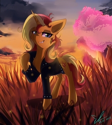 Size: 900x1000 | Tagged: safe, artist:yuris, derpibooru exclusive, sunset shimmer, pony, unicorn, g4, blue eyes, cheek fluff, chest fluff, clothes, ear fluff, female, grass, grin, hoof fluff, jacket, leather jacket, looking at you, raised leg, smiling, smirk, solo, sunset, wrong eye color