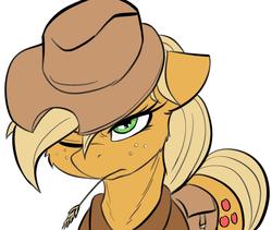 Size: 1817x1536 | Tagged: safe, artist:alcor, applejack, earth pony, pony, g4, female, floppy ears, freckles, hat, mare, one eye closed, saddle bag, simple background, solo, white background