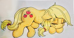 Size: 1618x819 | Tagged: safe, artist:alcor, applejack, earth pony, pony, g4, eyes closed, female, floppy ears, lying down, mare, simple background, sleeping, solo, white background