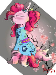 Size: 1920x2560 | Tagged: source needed, safe, artist:yuris, pinkie pie, pony, g4, cherry blossoms, clothes, cute, eyes closed, female, flower, flower blossom, japan, kimono (clothing), sakura pie, smiling, solo