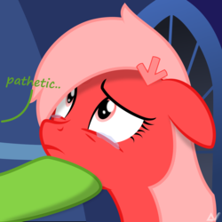 Size: 1500x1500 | Tagged: safe, artist:arifproject, oc, oc:downvote, oc:upvote, earth pony, pony, derpibooru, g4, crying, derpibooru ponified, female, floppy ears, frown, hair ornament, hair over one eye, hoof hold, hooves, lidded eyes, looking up, mare, meta, offscreen character, pathetic, ponified, sad, simple background, solo focus, teary eyes, text, vector, wide eyes