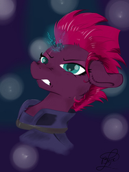 Size: 1520x2026 | Tagged: source needed, safe, artist:yuris, tempest shadow, pony, unicorn, g4, armor, broken horn, bust, female, floppy ears, gritted teeth, horn, portrait, scrunchy face, solo, sparking horn