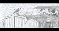 Size: 2336x1244 | Tagged: safe, artist:newman134, stinkin' rich, oc, unnamed oc, diamond dog, griffon, human, equestria girls, g4, 30s, car, driving, duesenberg model j, gangster, hood ornament, humanized, letterboxing, monochrome, noir, rain, widescreen