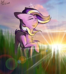 Size: 940x1060 | Tagged: source needed, safe, artist:yuris, diamond tiara, earth pony, pony, g4, cheek fluff, chest fluff, eyes closed, female, jewelry, leg fluff, lens flare, open mouth, raised hoof, shining, shoulder fluff, smiling, solo, sunrise, tiara, windswept mane