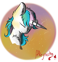 Size: 522x560 | Tagged: safe, artist:yuris, oc, oc only, pony, unicorn, bust, cheek fluff, chest fluff, ear fluff, eyes closed, leg fluff, portrait, smiling, solo, starry background