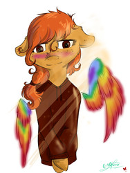 Size: 1920x2560 | Tagged: safe, artist:yuris, oc, oc only, pony, blushing, clothes, colored wings, cute, floating wings, floppy ears, freckles, hoodie, multicolored wings, rainbow wings, solo, wings