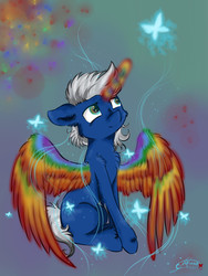 Size: 1520x2026 | Tagged: source needed, safe, artist:yuris, oc, oc only, alicorn, butterfly, pony, unicorn, alicorn oc, cheek fluff, chest fluff, colored wings, ear fluff, floppy ears, glowing horn, hoof fluff, horn, leg fluff, male, multicolored wings, rainbow wings, shoulder fluff, solo, unicorn oc, wings