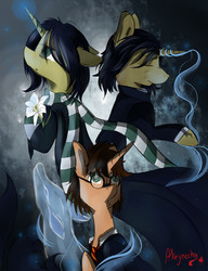 Size: 1000x1300 | Tagged: safe, artist:yuris, pony, unicorn, cloak, clothes, doe, eyes closed, floppy ears, flower, glowing horn, gryffindor, harry potter, harry potter (series), horn, lily (flower), looking up, male, open mouth, patronus, ponified, scarf, school uniform, severus snape, slytherin