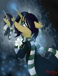 Size: 1000x1300 | Tagged: safe, artist:yuris, pony, cloak, clothes, floppy ears, flower, glowing horn, harry potter (series), horn, lily (flower), looking up, male, ponified, scarf, severus snape, solo
