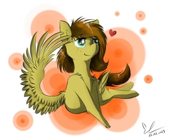 Size: 1560x1270 | Tagged: safe, artist:yuris, oc, oc only, oc:yuris, pegasus, pony, floating heart, freckles, heart, leg fluff, prone, shoulder fluff, smiling, solo, spread wings, wings