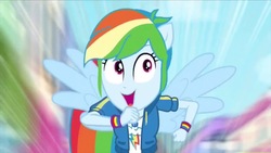 Size: 1280x720 | Tagged: safe, screencap, rainbow dash, equestria girls, equestria girls series, g4, run to break free, spoiler:eqg series (season 2), female, geode of super speed, happy, magical geodes, ponied up, running, solo, wings