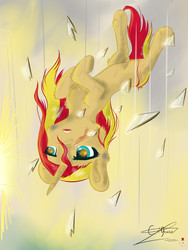 Size: 1520x2026 | Tagged: safe, artist:yuris, sunset shimmer, pony, unicorn, g4, bruised, cheek fluff, chest fluff, ear fluff, falling, female, glass shard, leg fluff, solo