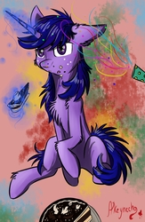 Size: 1300x2000 | Tagged: safe, artist:yuris, oc, oc only, oc:dask shine, pony, unicorn, abstract background, cake, cheek fluff, chest fluff, ear fluff, food, hoof fluff, leg fluff, levitation, magic, male, messy eating, party horn, shoulder fluff, sitting, solo, telekinesis