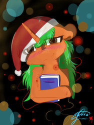 Size: 1520x2026 | Tagged: safe, artist:yuris, oc, oc only, pony, abstract background, blushing, book, cheek fluff, chest fluff, christmas, ear fluff, floppy ears, hat, holiday, leg fluff, looking at you, santa hat, shoulder fluff, smiling, solo