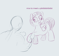 Size: 2232x2126 | Tagged: safe, artist:comfyplum, oc, oc:anon, oc:comfy plum, human, pegasus, pony, :p, abstract background, derp, dialogue, female, greeting, high res, male, mare, meme, ponified animal photo, raspberry, silly, silly pony, sketch, special eyes, tongue out, wip