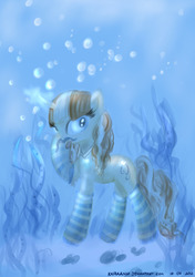 Size: 1280x1816 | Tagged: safe, artist:kairanix, artist:laceymod, oc, oc only, oc:lovelace, pony, unicorn, ask lovelace, bubble, clothes, crepuscular rays, fake moustache, female, mare, ocean, seaweed, socks, solo, striped socks, sunlight, swimming, tongue out, underwater, water