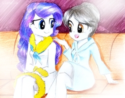 Size: 2968x2322 | Tagged: safe, artist:liaaqila, rarity, raven, equestria girls, g4, alternate hairstyle, bathrobe, clothes, commission, cute, duo, equestria girls-ified, female, high res, robe, spa, spa robe, steam, steam room, traditional art